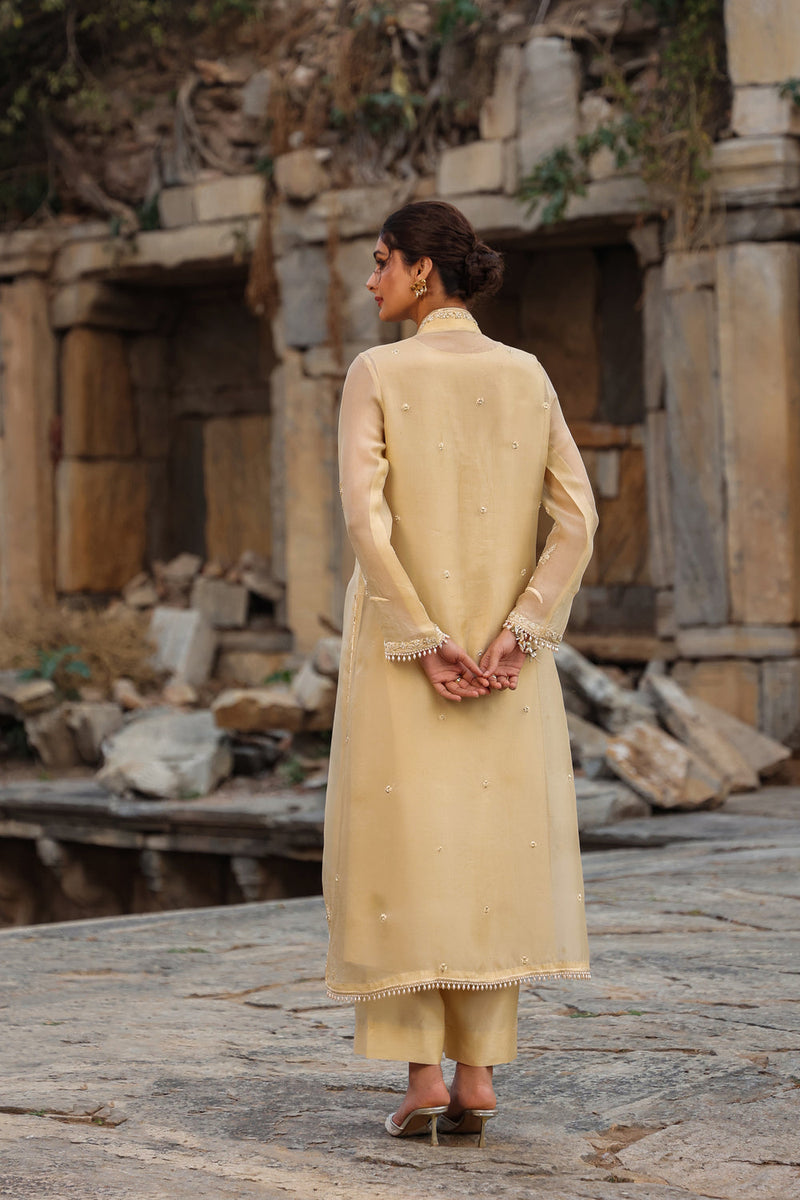 Vaayu Beige Heavy Jacket Kurta Set organza , silk tencel kurta/kurta set by Niti Bothra in beige for women in Singapore