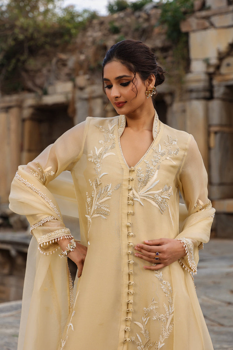 Vaayu Beige Heavy Jacket Kurta Set organza , silk tencel kurta/kurta set by Niti Bothra in beige for women in Singapore