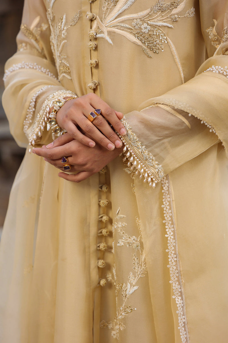Vaayu Beige Heavy Jacket Kurta Set organza , silk tencel kurta/kurta set by Niti Bothra in beige for women in Singapore