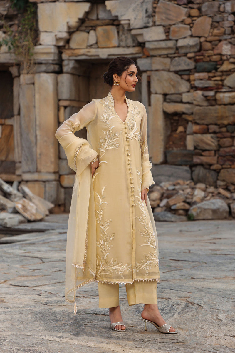 Vaayu Beige Heavy Jacket Kurta Set organza , silk tencel kurta/kurta set by Niti Bothra in beige for women in Singapore