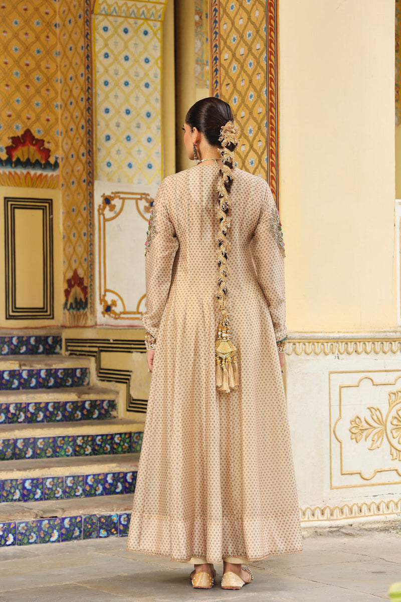 Ahista Ivory Printed Heavy Angrakha silk chanderi kurta/kurta set by Niti Bothra in ivory for women in Singapore