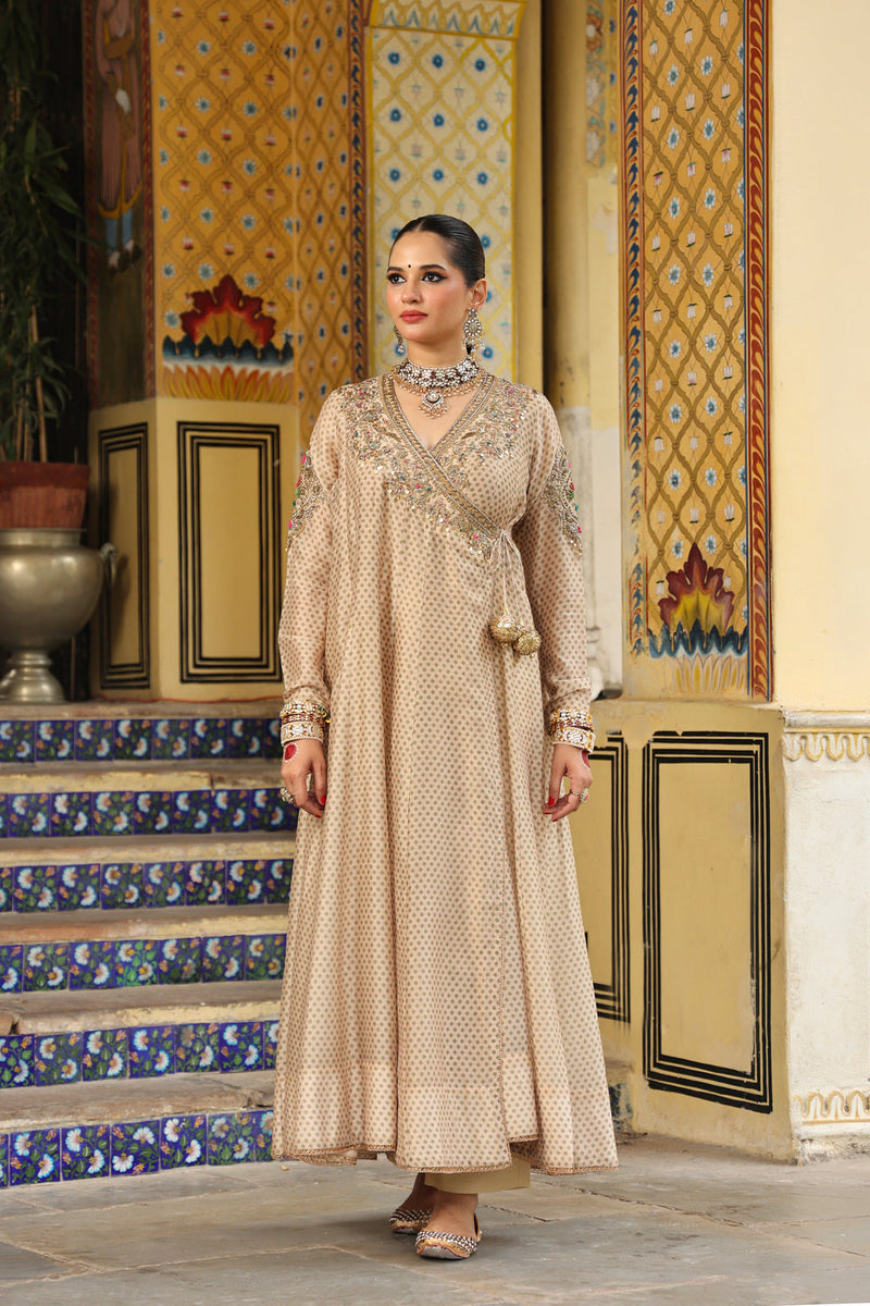 Ahista Ivory Printed Heavy Angrakha silk chanderi kurta/kurta set by Niti Bothra in ivory for women in Singapore
