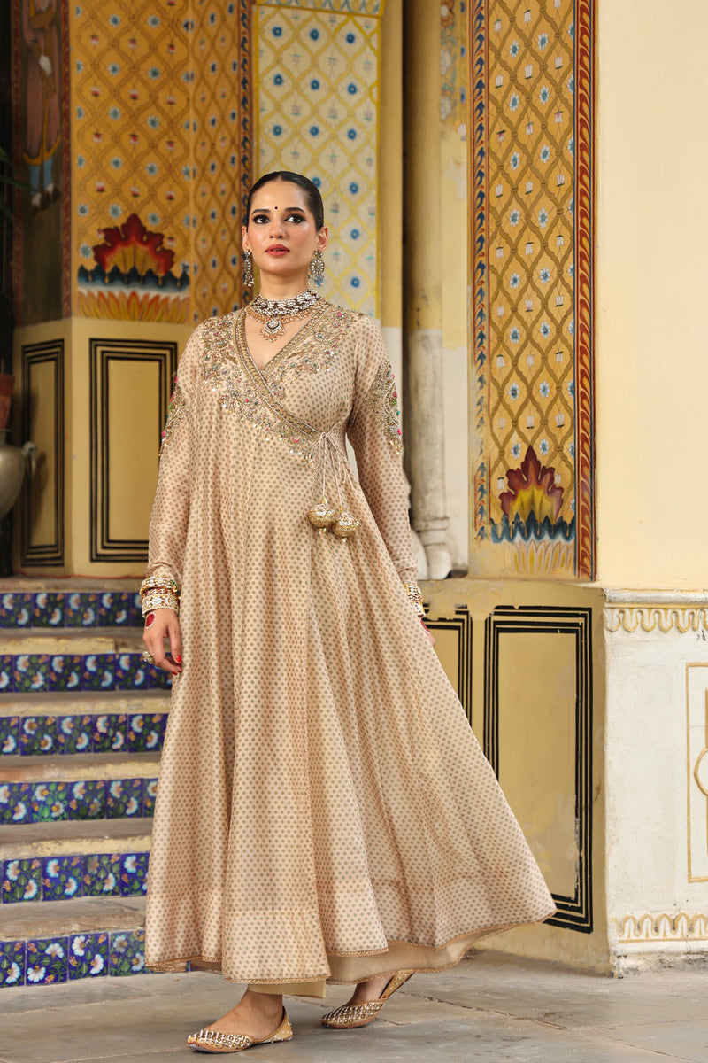 Ahista Ivory Printed Heavy Angrakha silk chanderi kurta/kurta set by Niti Bothra in ivory for women in Singapore