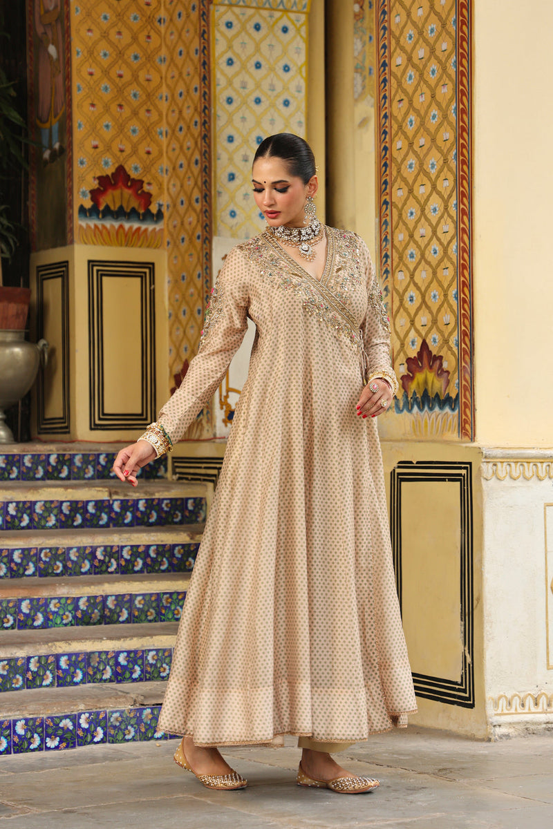 Ahista Ivory Printed Heavy Angrakha silk chanderi kurta/kurta set by Niti Bothra in ivory for women in Singapore