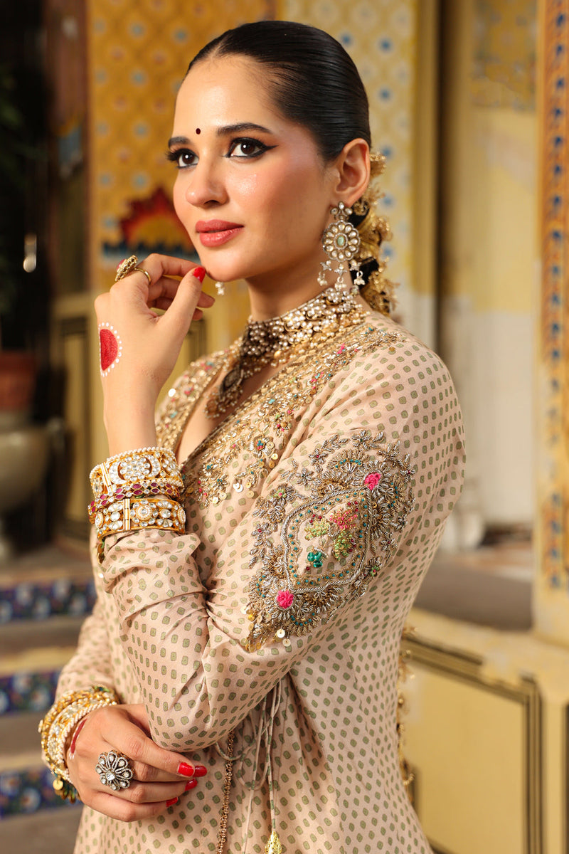 Ahista Ivory Printed Heavy Angrakha silk chanderi kurta/kurta set by Niti Bothra in ivory for women in Singapore