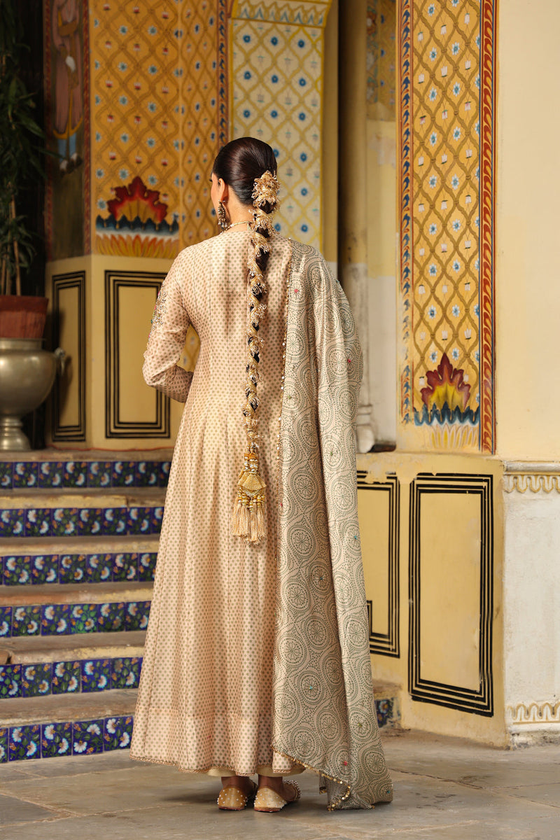 Ahista Ivory Printed Heavy Angrakha silk chanderi kurta/kurta set by Niti Bothra in ivory for women in Singapore