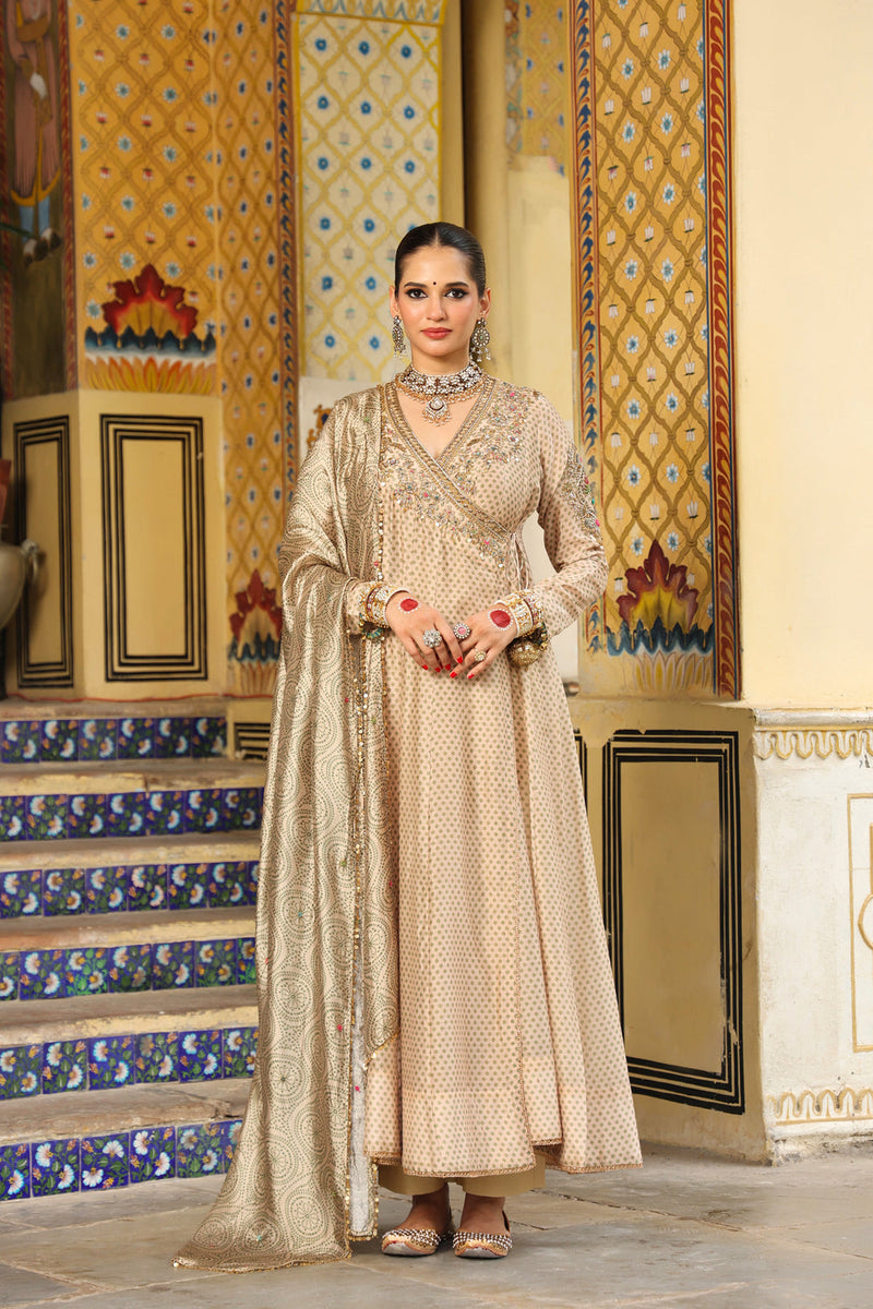 Ahista Ivory Printed Heavy Angrakha silk chanderi kurta/kurta set by Niti Bothra in ivory for women in Singapore