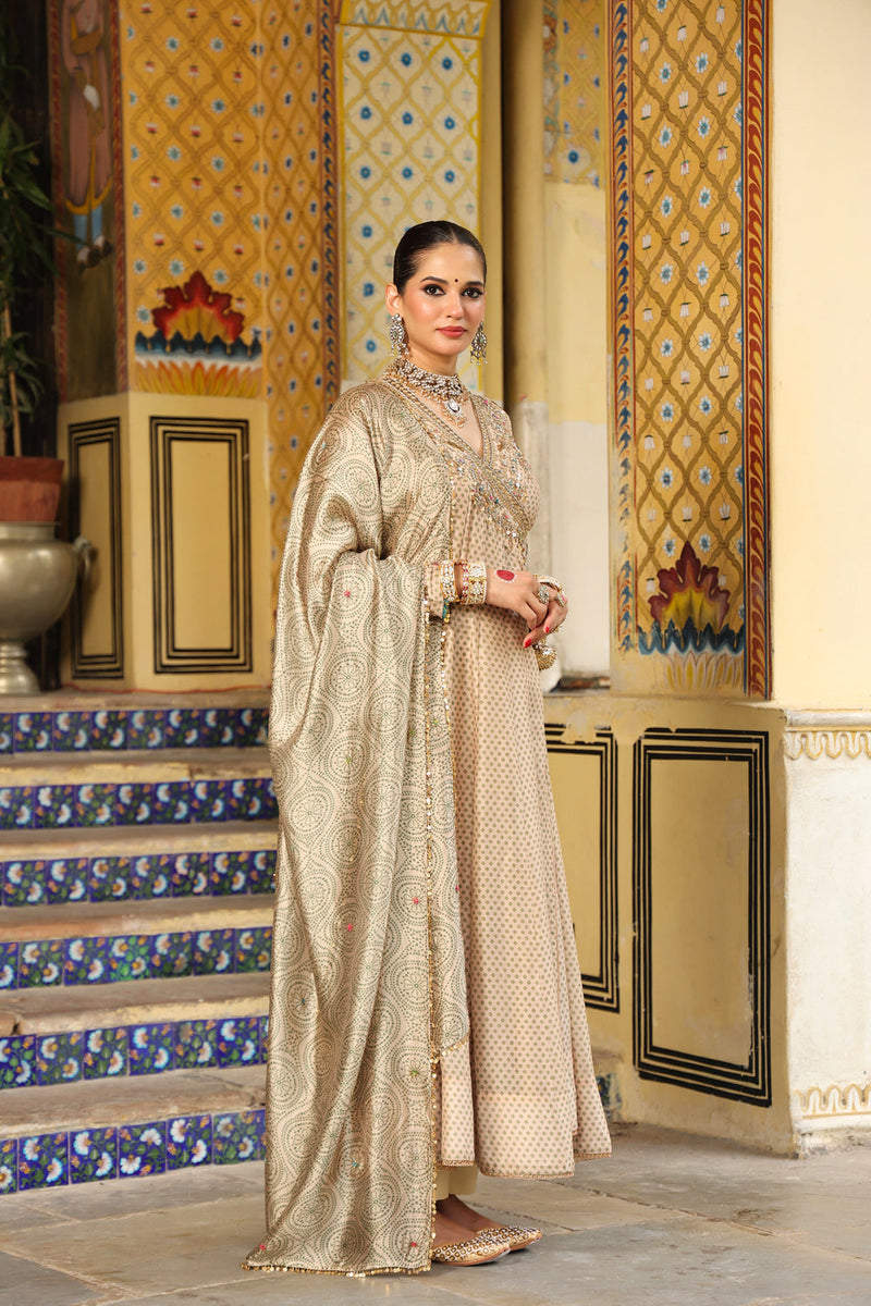 Ahista Ivory Printed Heavy Angrakha silk chanderi kurta/kurta set by Niti Bothra in ivory for women in Singapore