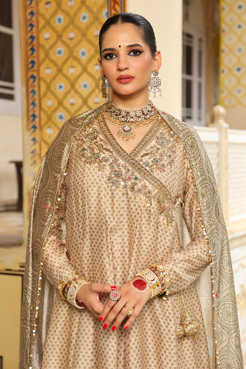 Ahista Ivory Printed Heavy Angrakha silk chanderi kurta/kurta set by Niti Bothra in ivory for women in Singapore
