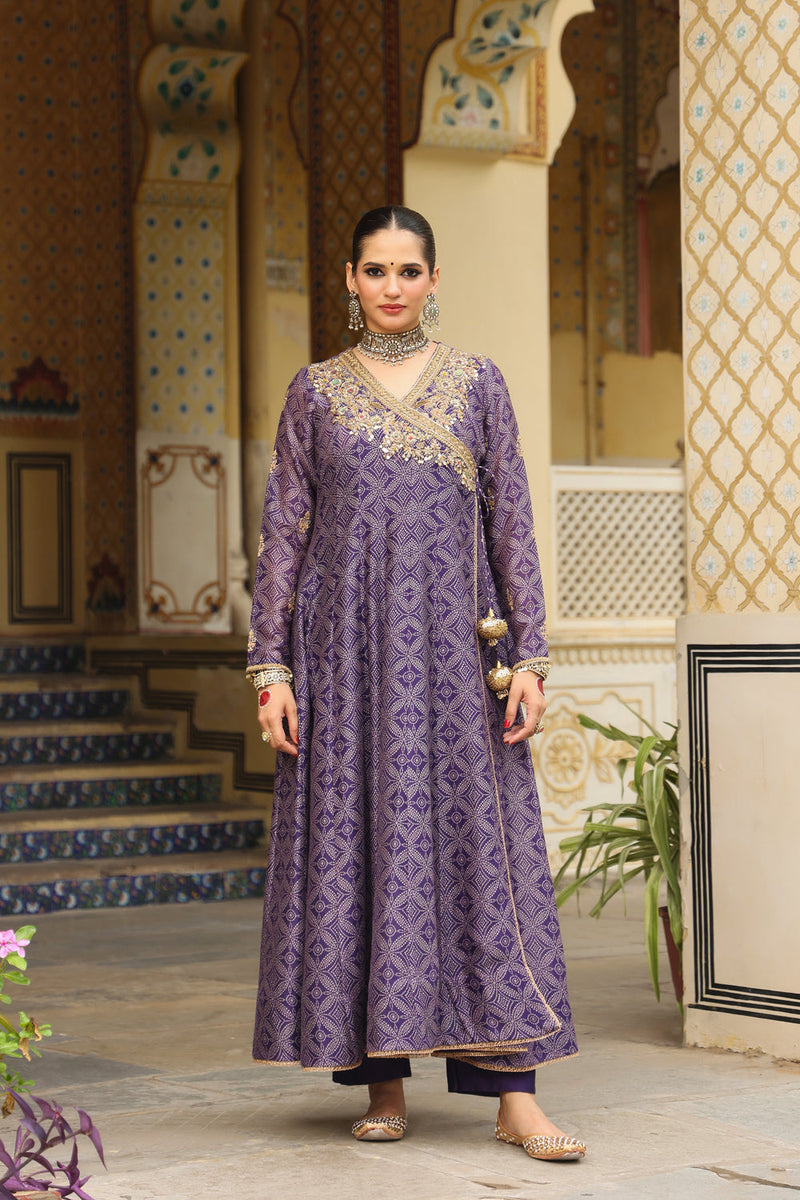 Ahista Purple Printed Angrakha silk chanderi kurta/kurta set by Niti Bothra in purple for women in Singapore