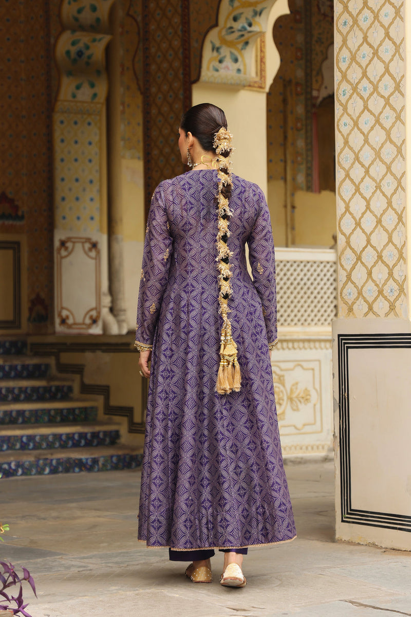 Ahista Purple Printed Angrakha silk chanderi kurta/kurta set by Niti Bothra in purple for women in Singapore