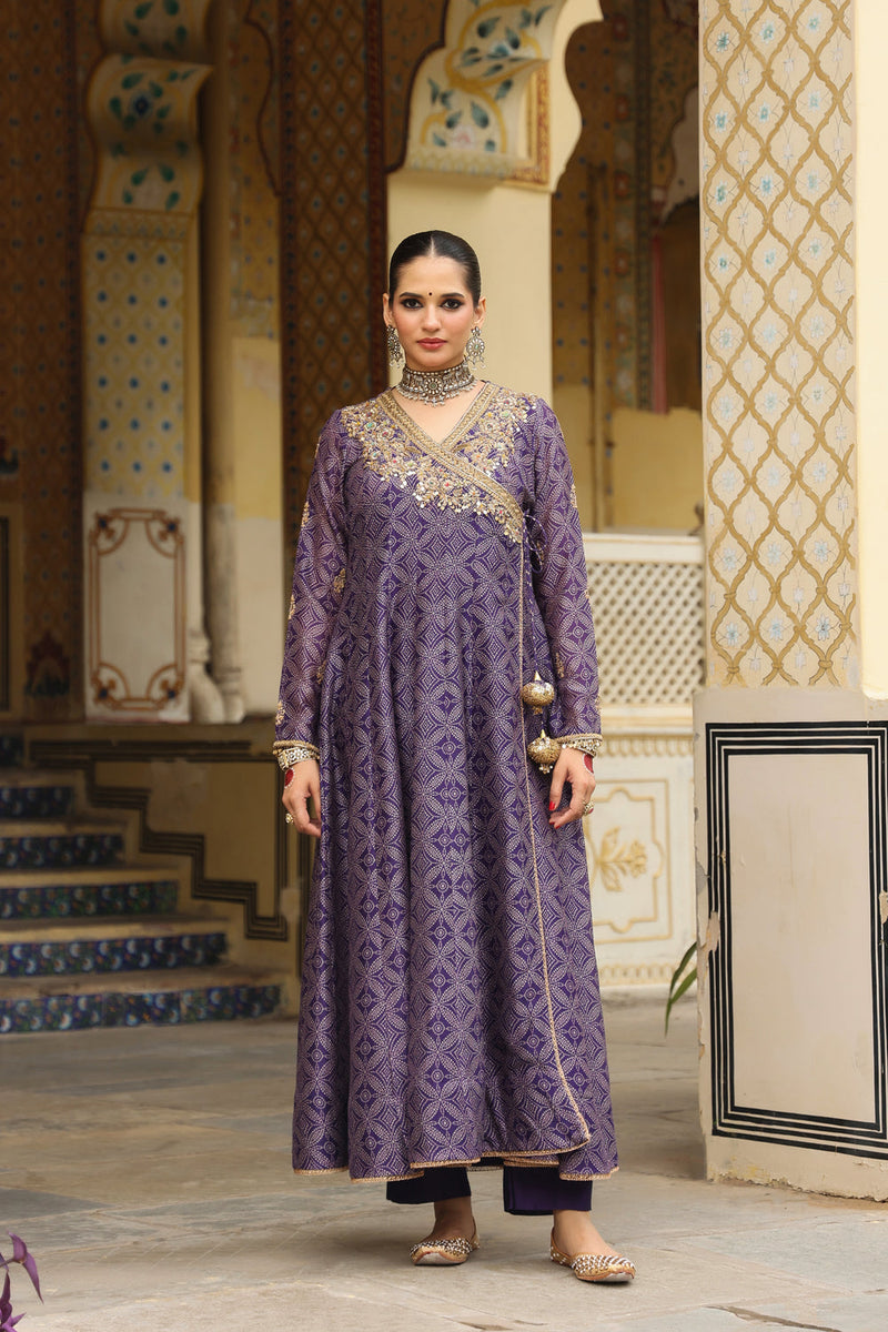 Ahista Purple Printed Angrakha silk chanderi kurta/kurta set by Niti Bothra in purple for women in Singapore
