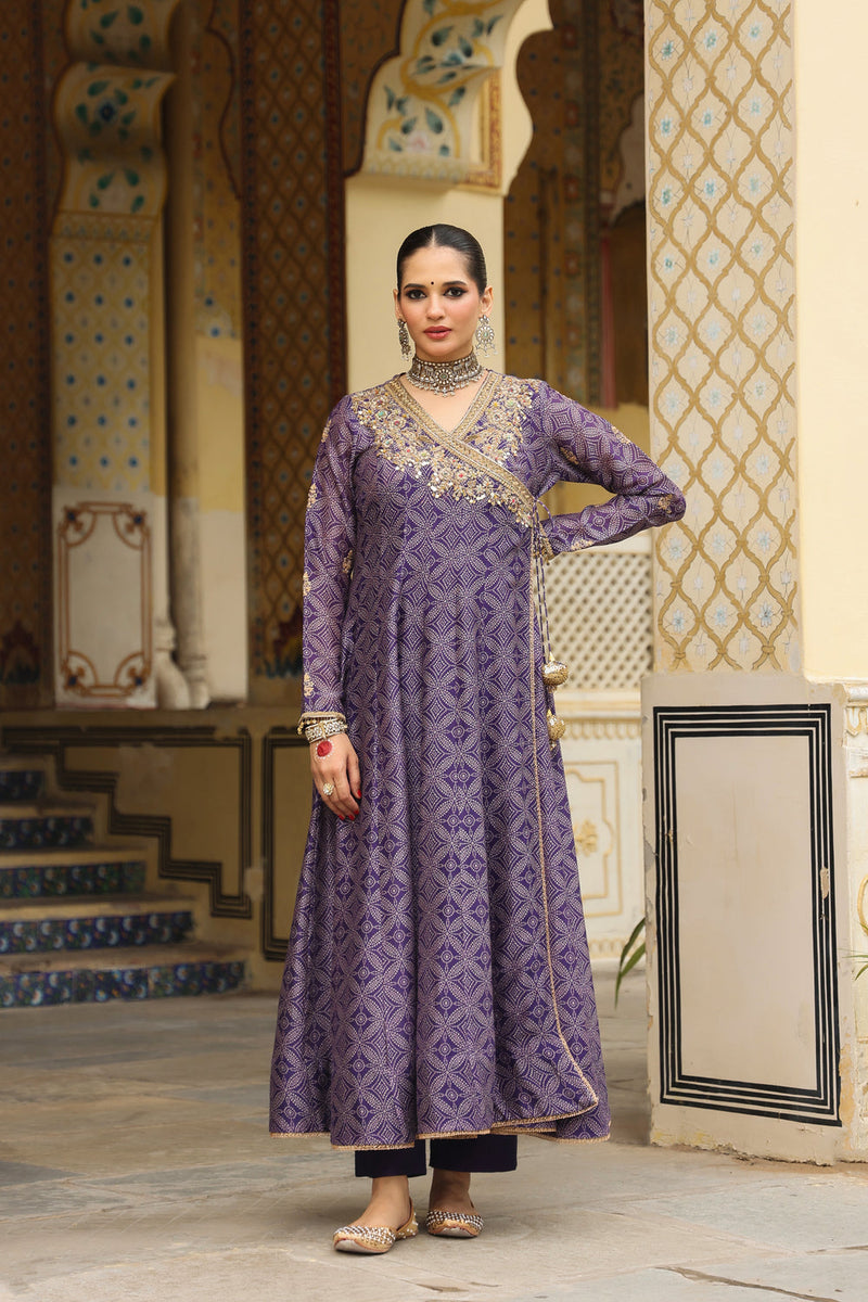 Ahista Purple Printed Angrakha silk chanderi kurta/kurta set by Niti Bothra in purple for women in Singapore