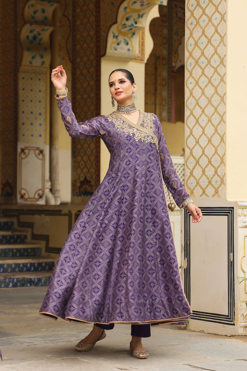 Ahista Purple Printed Angrakha silk chanderi kurta/kurta set by Niti Bothra in purple for women in Singapore