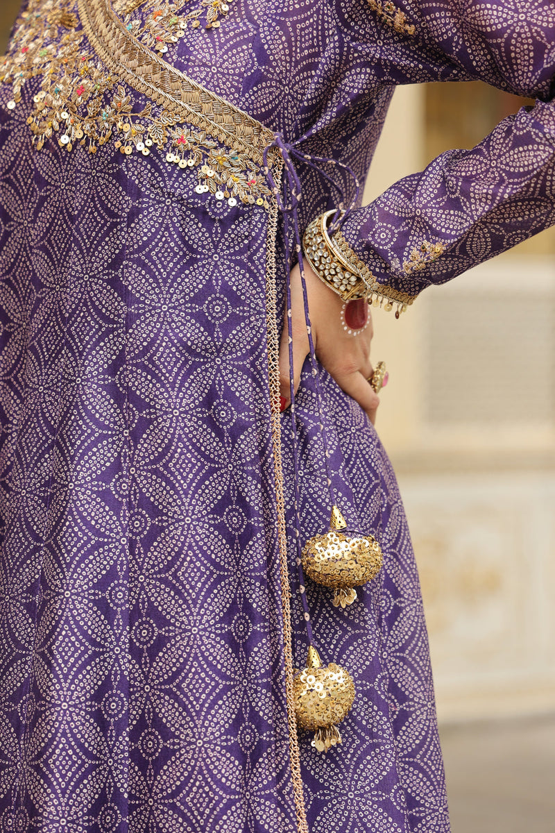 Ahista Purple Printed Angrakha silk chanderi kurta/kurta set by Niti Bothra in purple for women in Singapore