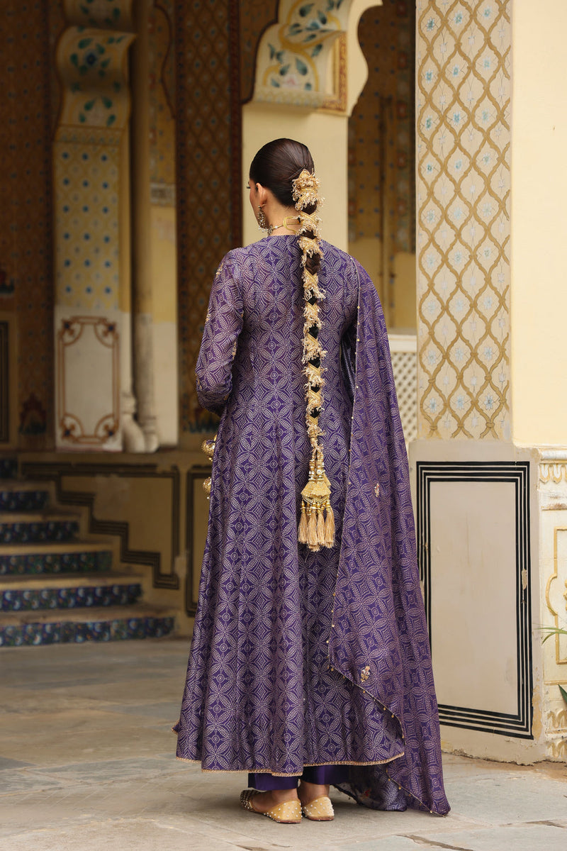Ahista Purple Printed Angrakha silk chanderi kurta/kurta set by Niti Bothra in purple for women in Singapore