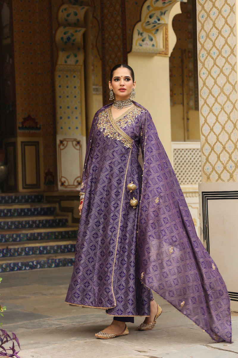 Ahista Purple Printed Angrakha silk chanderi kurta/kurta set by Niti Bothra in purple for women in Singapore