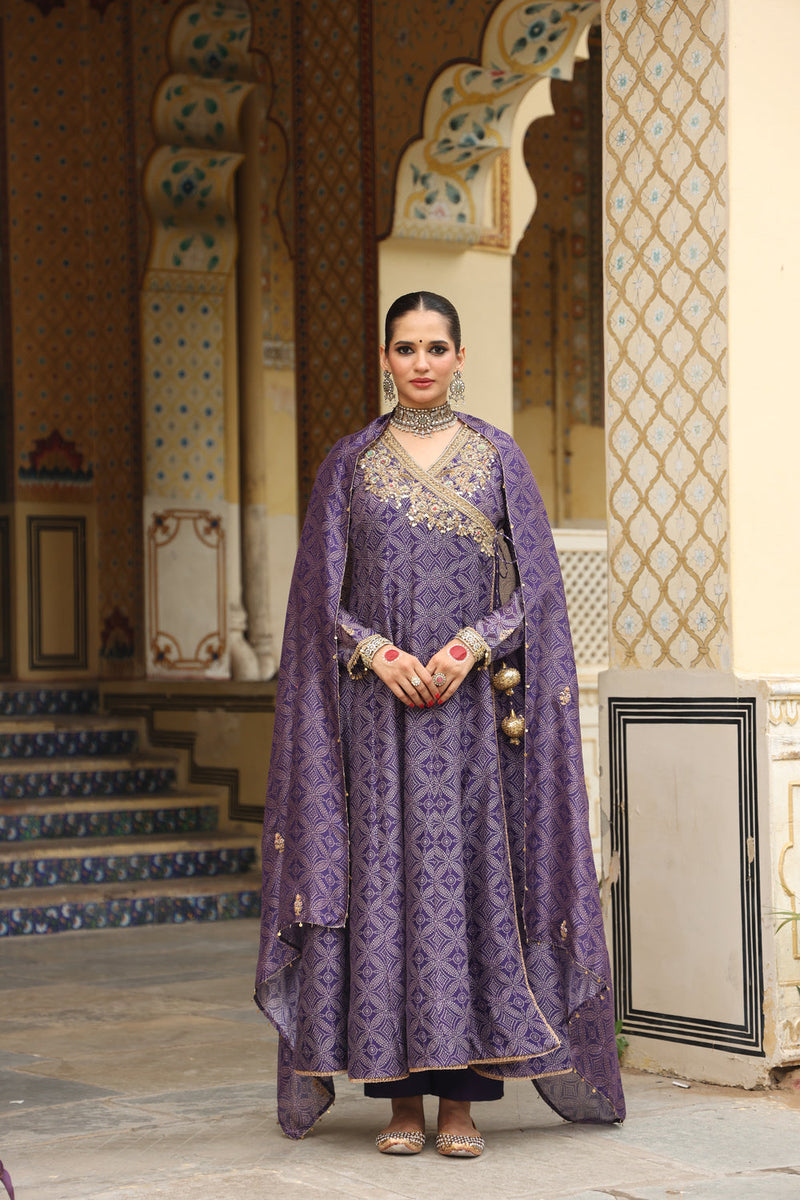 Ahista Purple Printed Angrakha silk chanderi kurta/kurta set by Niti Bothra in purple for women in Singapore