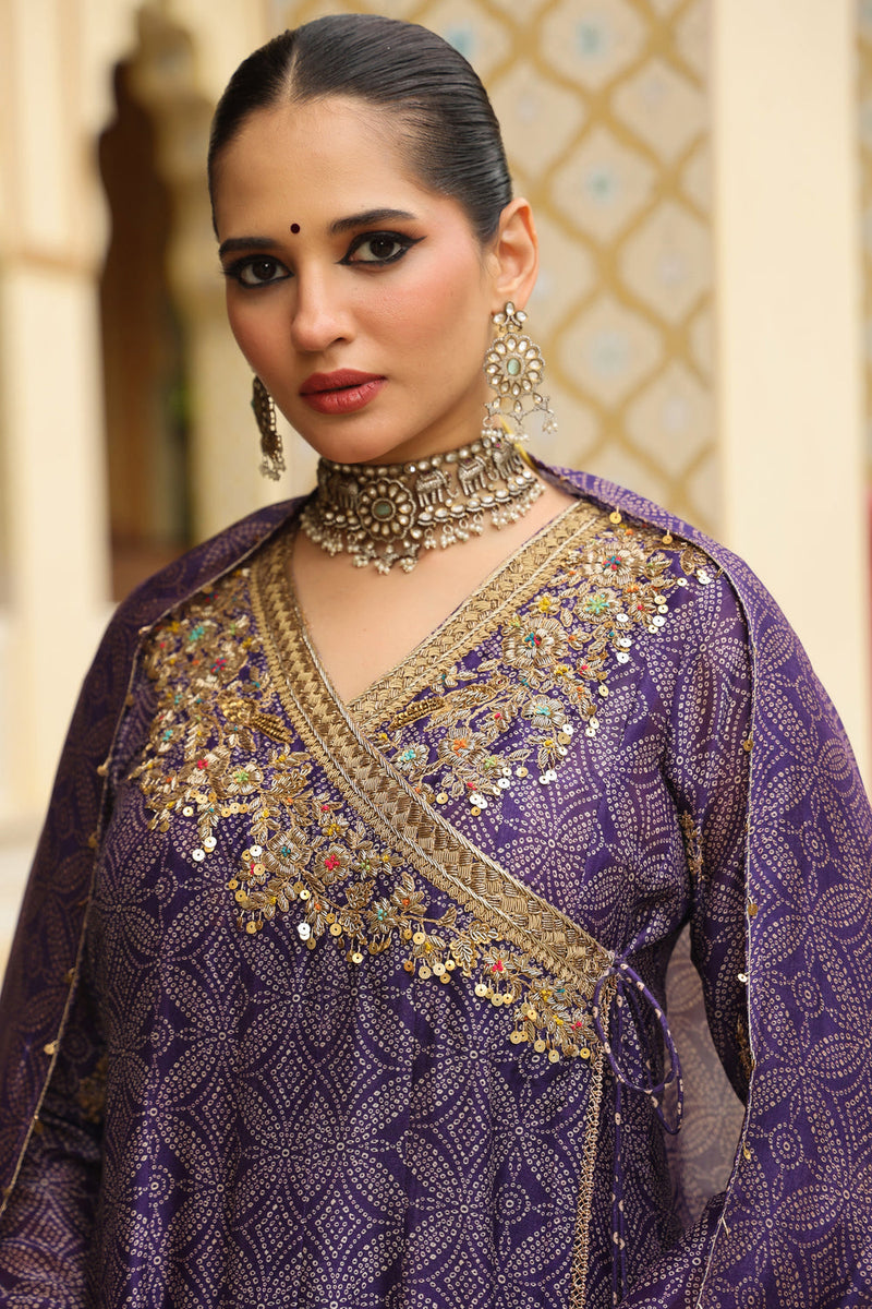 Ahista Purple Printed Angrakha silk chanderi kurta/kurta set by Niti Bothra in purple for women in Singapore