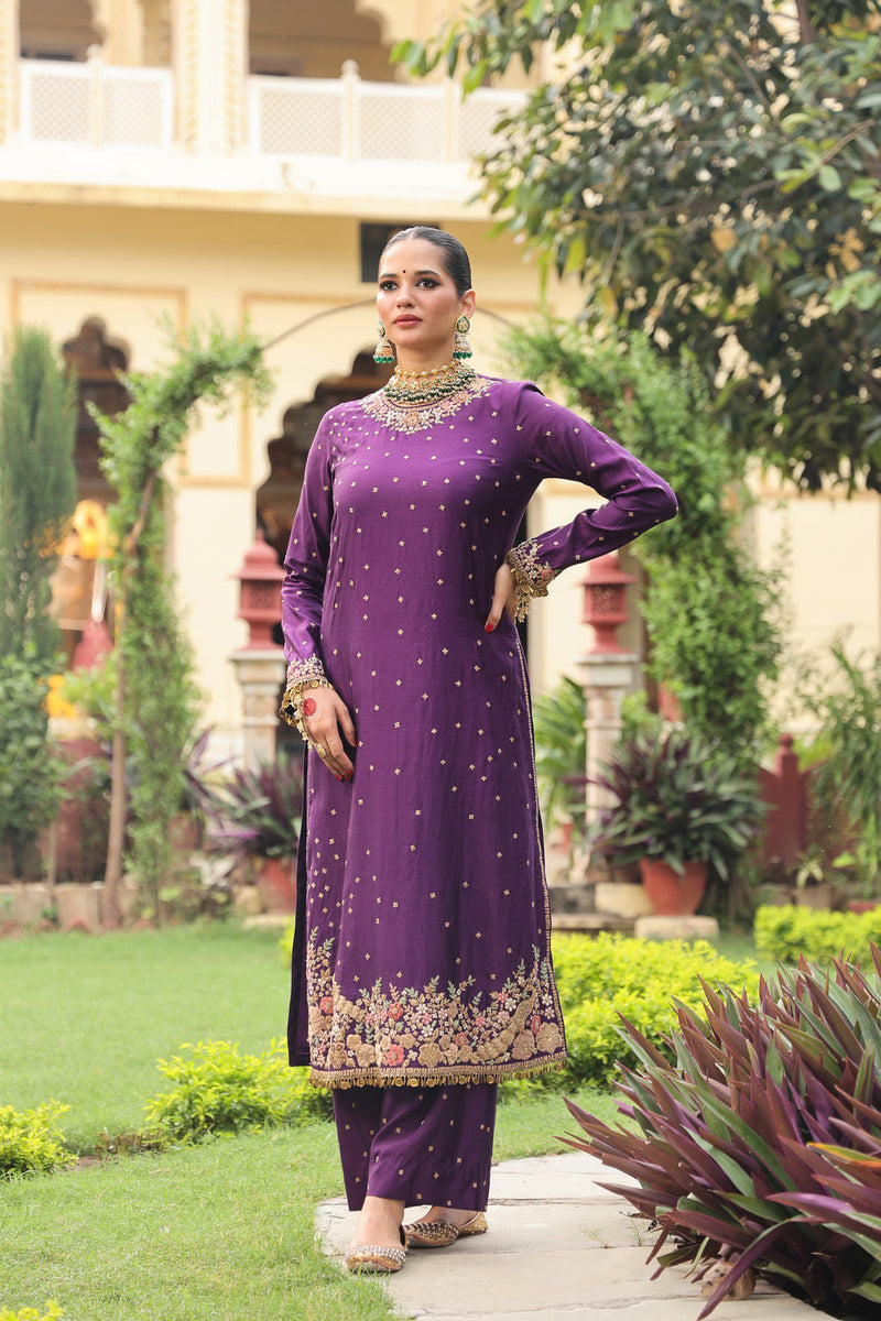 Ahista Purple Mayur Applique Long Kurta Set chiniya silk kurta/kurta set by Niti Bothra in purple for women in Singapore