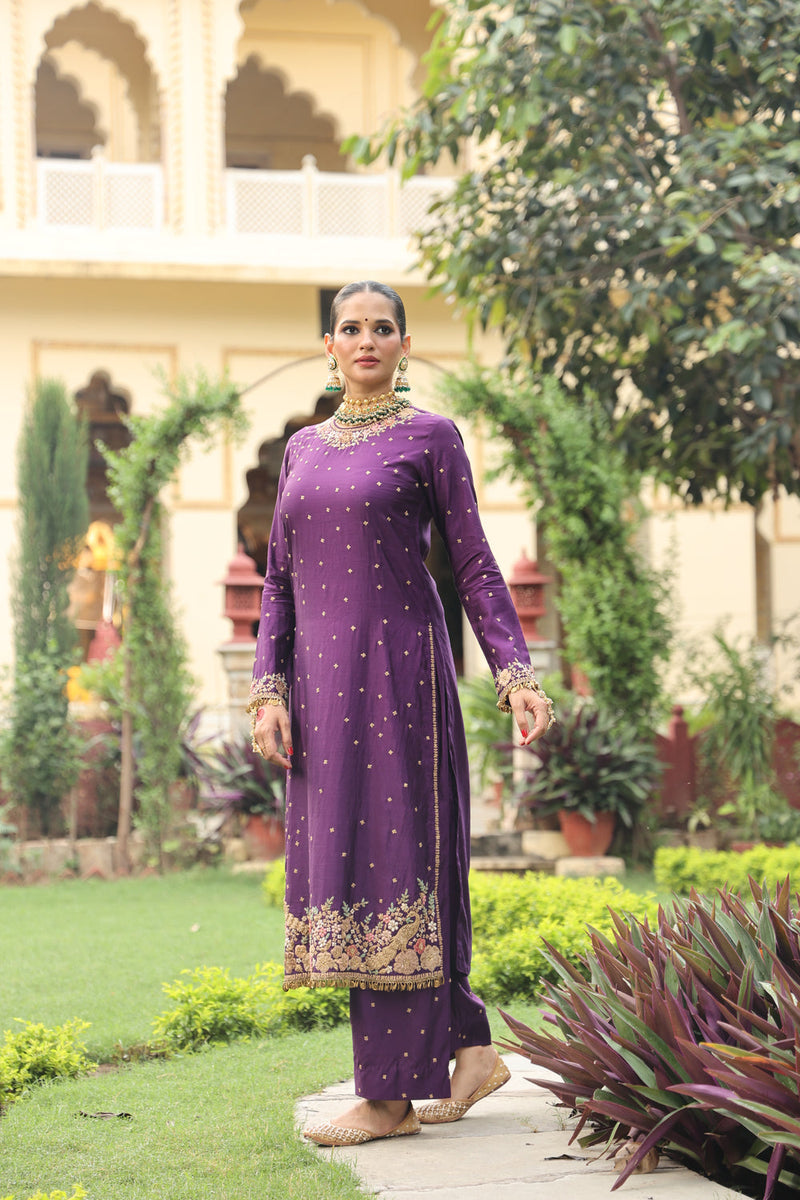 Ahista Purple Mayur Applique Long Kurta Set chiniya silk kurta/kurta set by Niti Bothra in purple for women in Singapore