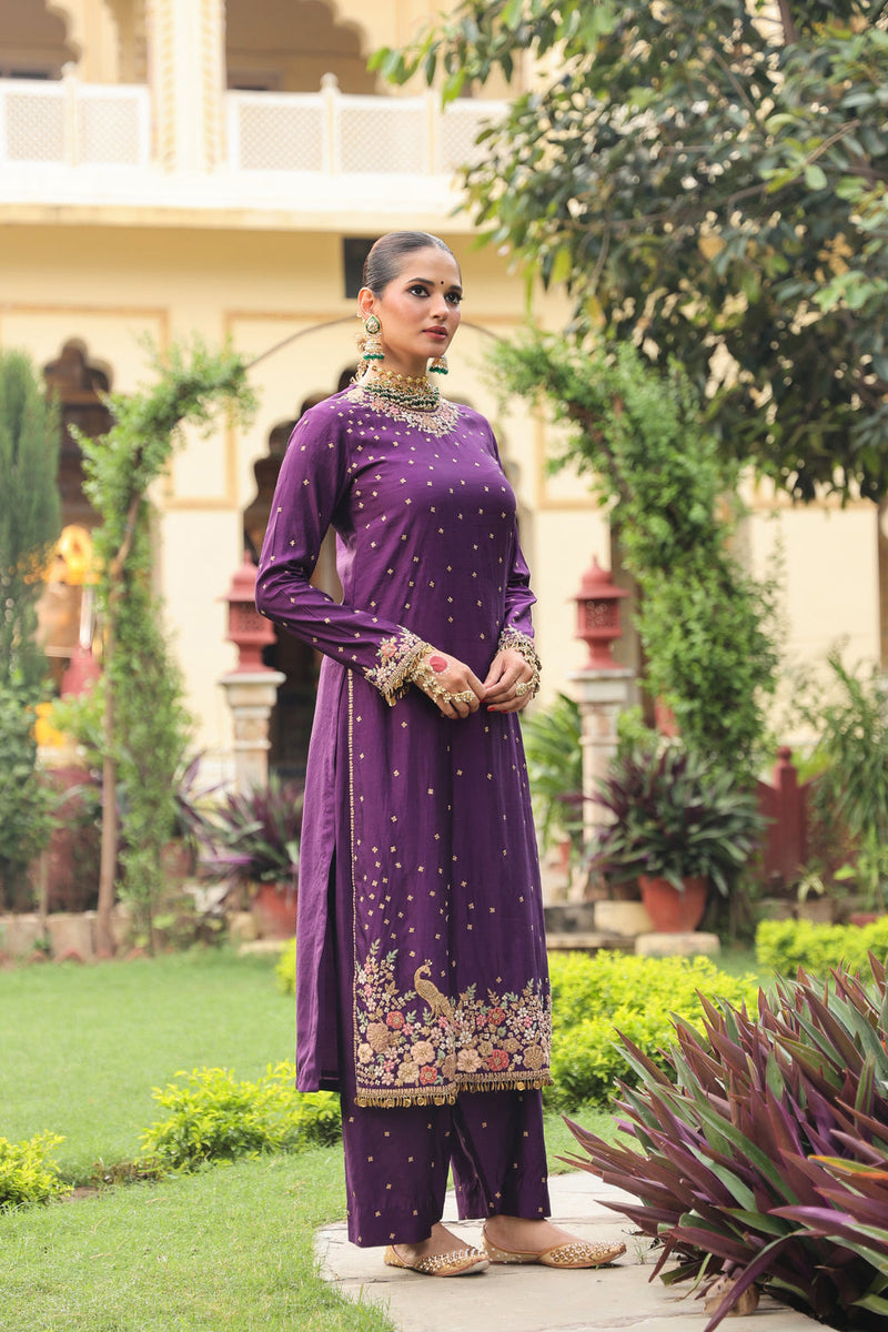 Ahista Purple Mayur Applique Long Kurta Set chiniya silk kurta/kurta set by Niti Bothra in purple for women in Singapore