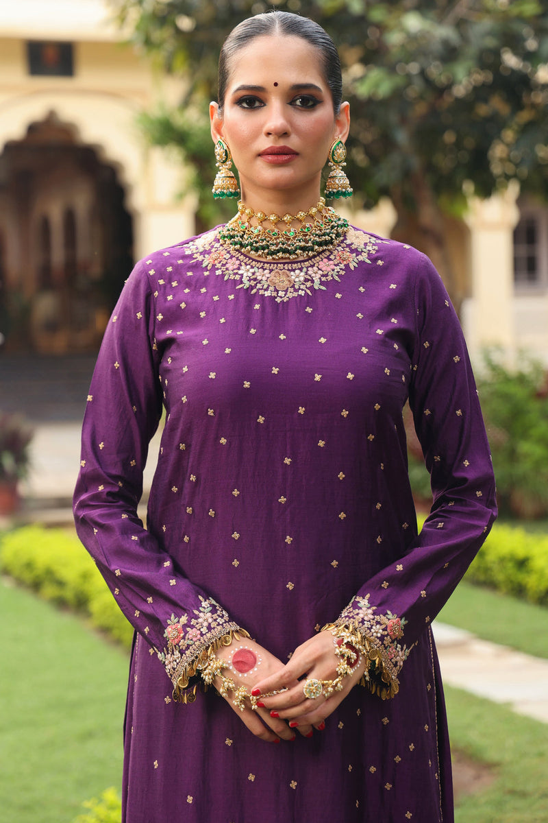 Ahista Purple Mayur Applique Long Kurta Set chiniya silk kurta/kurta set by Niti Bothra in purple for women in Singapore