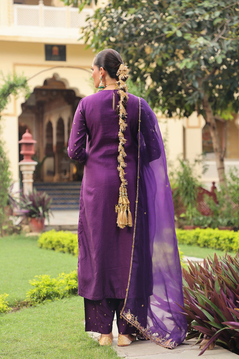 Ahista Purple Mayur Applique Long Kurta Set chiniya silk kurta/kurta set by Niti Bothra in purple for women in Singapore
