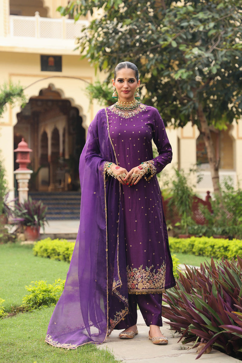 Ahista Purple Mayur Applique Long Kurta Set chiniya silk kurta/kurta set by Niti Bothra in purple for women in Singapore