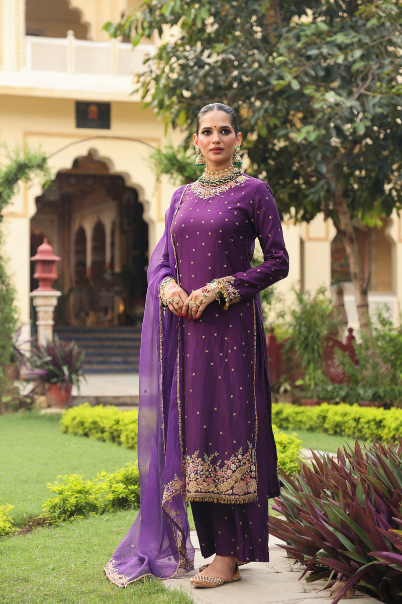 Ahista Purple Mayur Applique Long Kurta Set chiniya silk kurta/kurta set by Niti Bothra in purple for women in Singapore