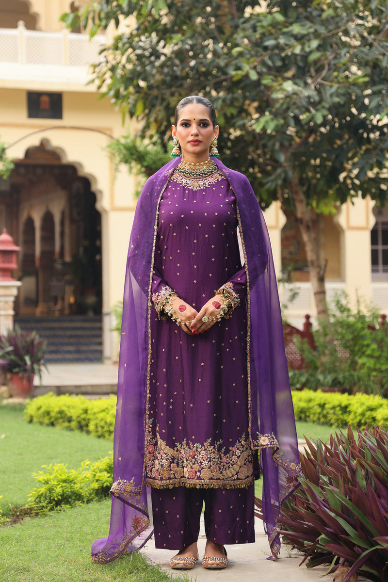 Ahista Purple Mayur Applique Long Kurta Set chiniya silk kurta/kurta set by Niti Bothra in purple for women in Singapore
