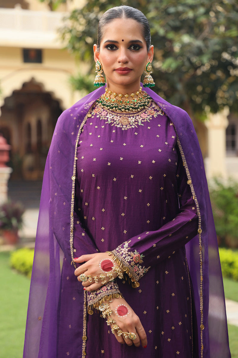 Ahista Purple Mayur Applique Long Kurta Set chiniya silk kurta/kurta set by Niti Bothra in purple for women in Singapore
