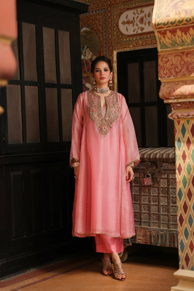 Ahista Pink Pakhi Yoke Pheran Long Kurta Set organza kurta/kurta set by Niti Bothra in light pink for women in Singapore