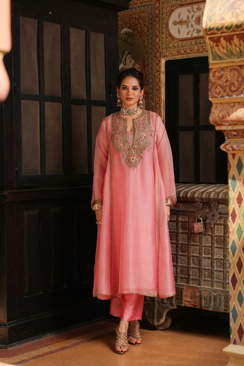 Ahista Pink Pakhi Yoke Pheran Long Kurta Set organza kurta/kurta set by Niti Bothra in light pink for women in Singapore