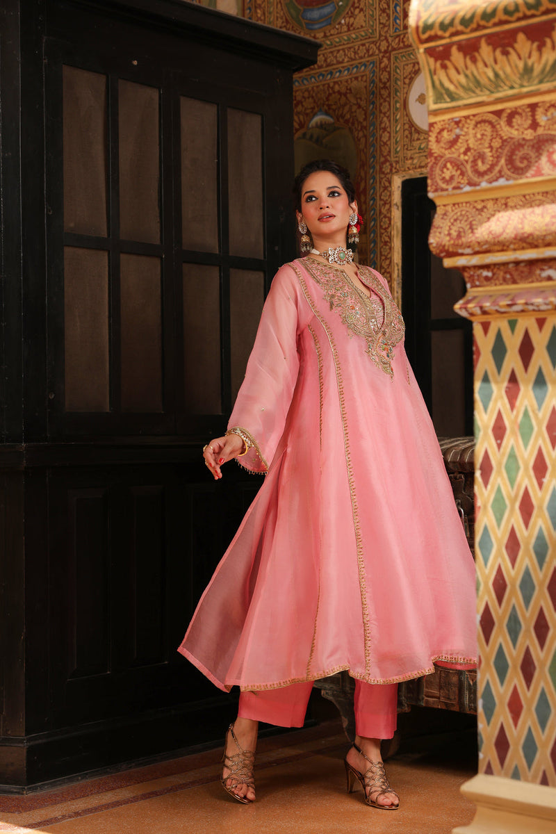 Ahista Pink Pakhi Yoke Pheran Long Kurta Set organza kurta/kurta set by Niti Bothra in light pink for women in Singapore