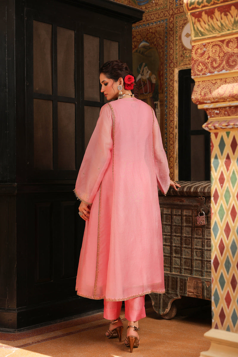 Ahista Pink Pakhi Yoke Pheran Long Kurta Set organza kurta/kurta set by Niti Bothra in light pink for women in Singapore