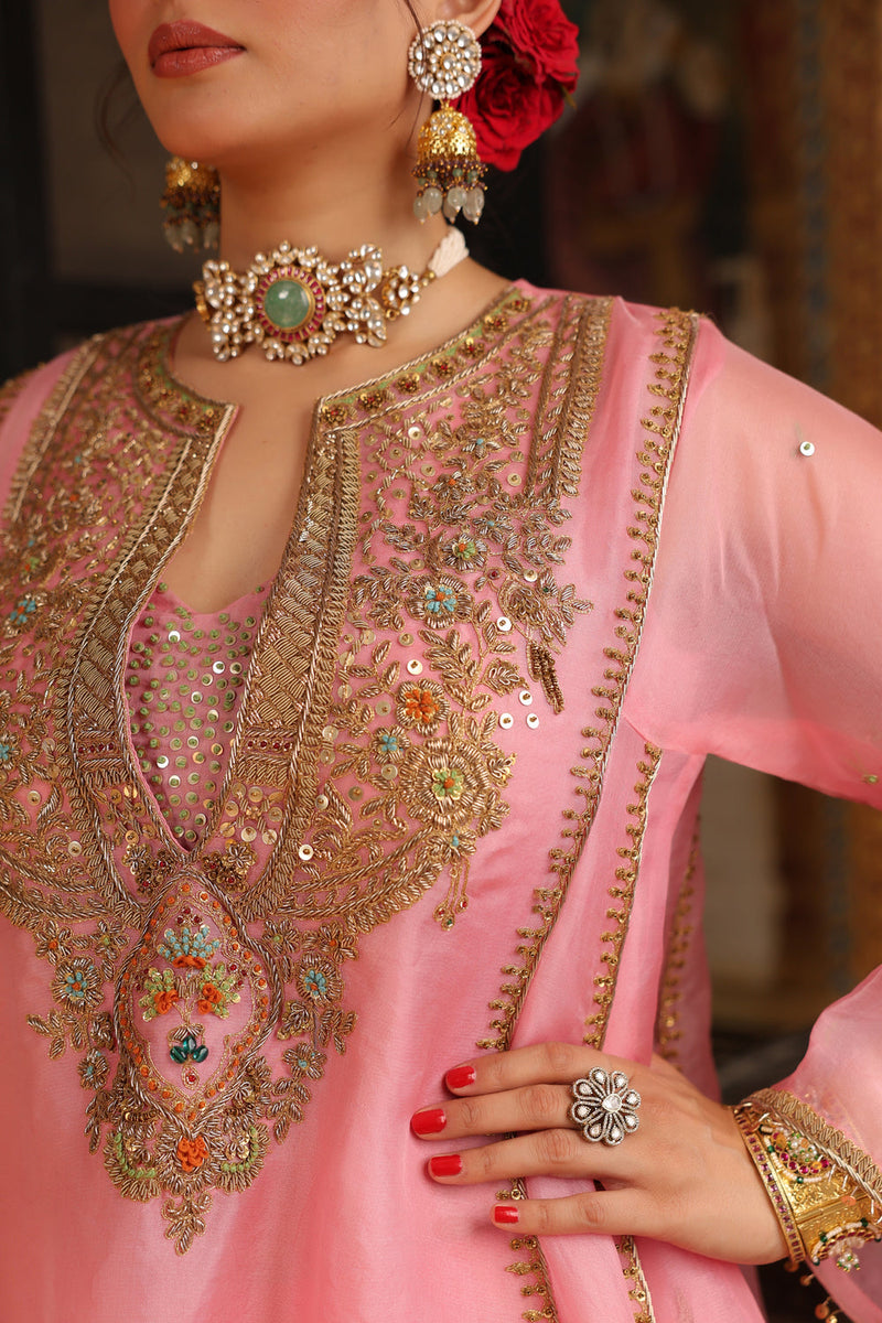Ahista Pink Pakhi Yoke Pheran Long Kurta Set organza kurta/kurta set by Niti Bothra in light pink for women in Singapore