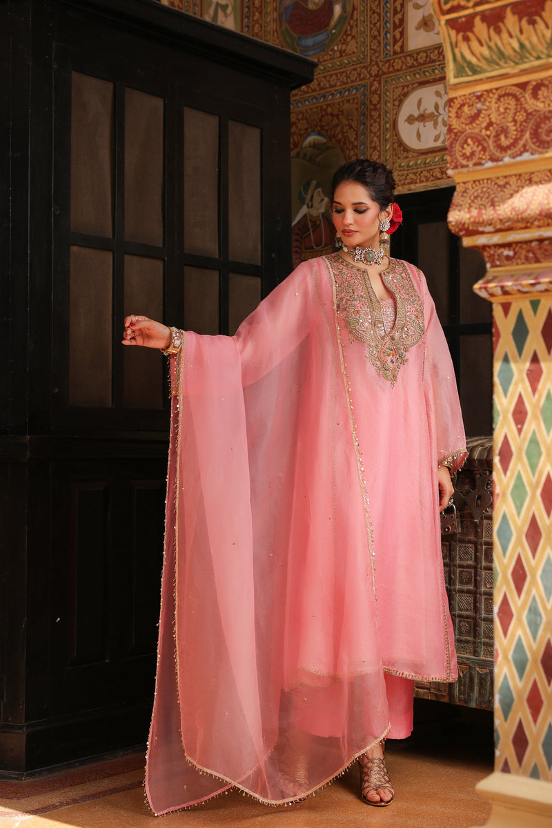 Ahista Pink Pakhi Yoke Pheran Long Kurta Set organza kurta/kurta set by Niti Bothra in light pink for women in Singapore