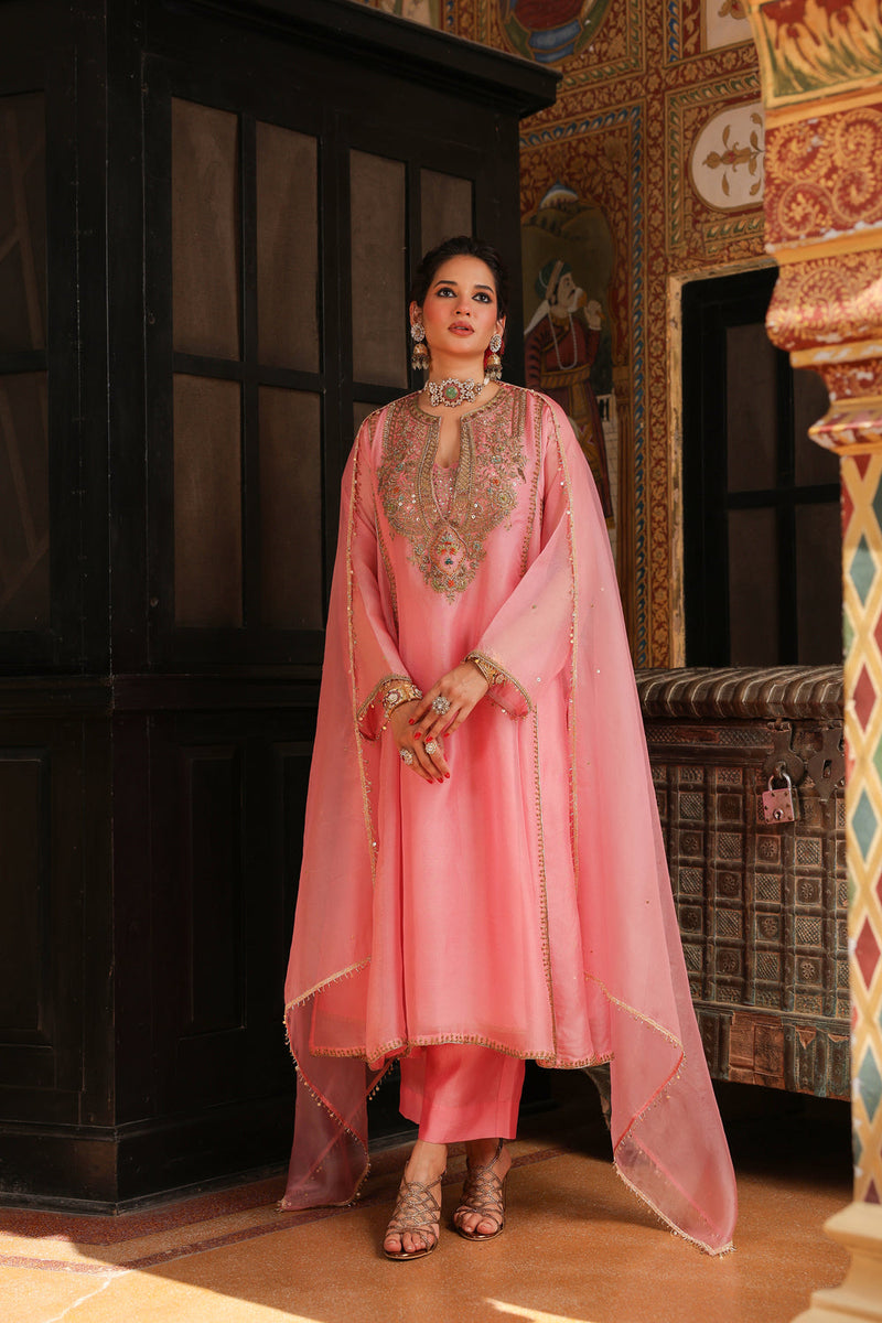 Ahista Pink Pakhi Yoke Pheran Long Kurta Set organza kurta/kurta set by Niti Bothra in light pink for women in Singapore