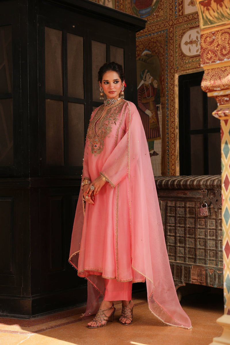 Ahista Pink Pakhi Yoke Pheran Long Kurta Set organza kurta/kurta set by Niti Bothra in light pink for women in Singapore