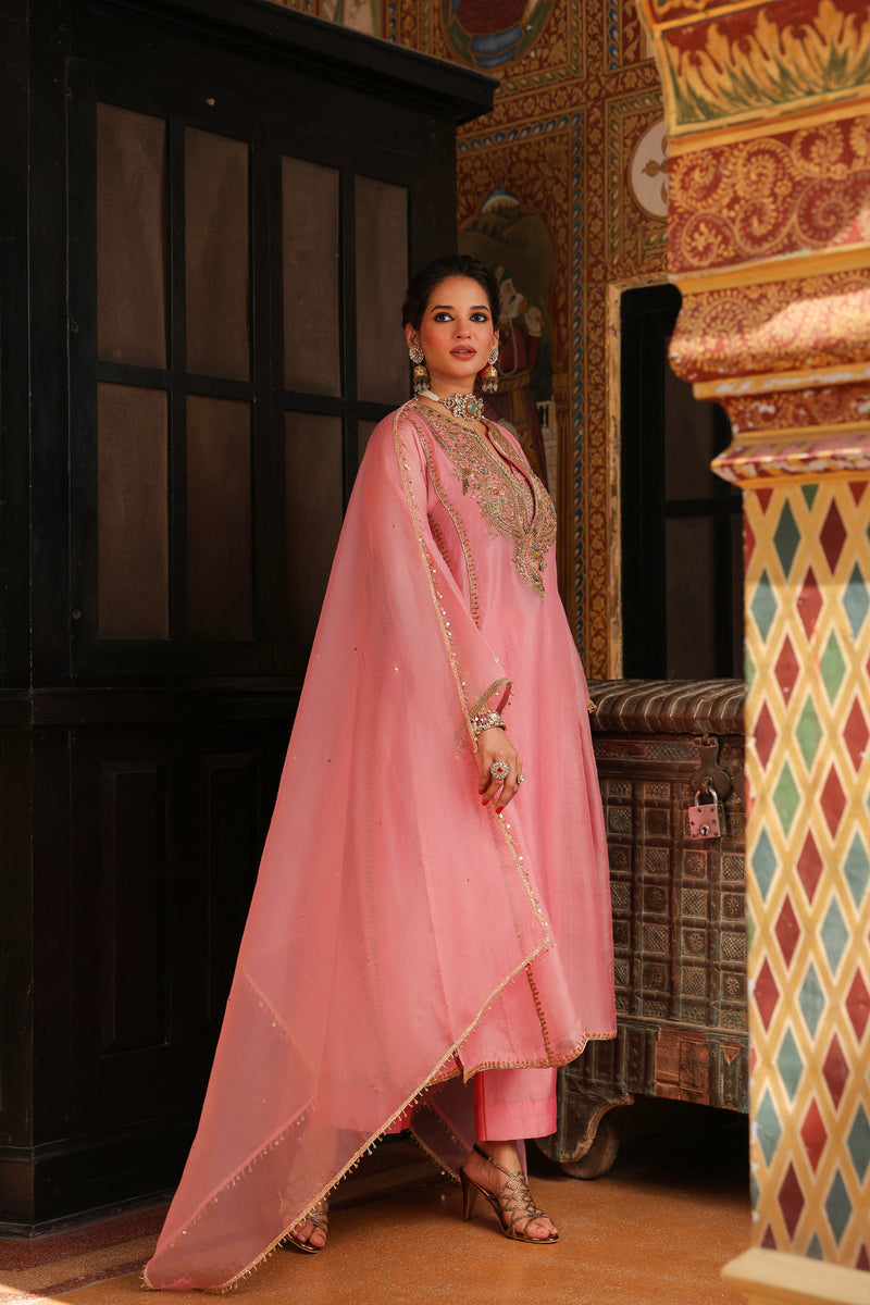 Ahista Pink Pakhi Yoke Pheran Long Kurta Set organza kurta/kurta set by Niti Bothra in light pink for women in Singapore