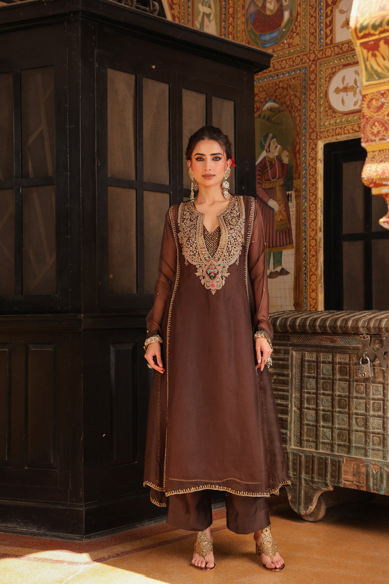 Ahista Brown Pakhi Yoke Pheran Long Kurta Set organza kurta/kurta set by Niti Bothra in brown for women in Singapore