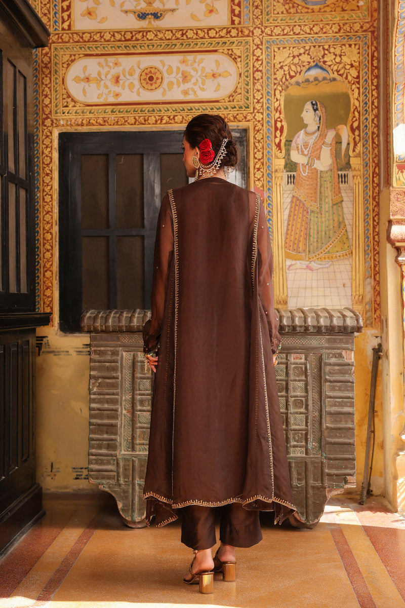 Ahista Brown Pakhi Yoke Pheran Long Kurta Set organza kurta/kurta set by Niti Bothra in brown for women in Singapore