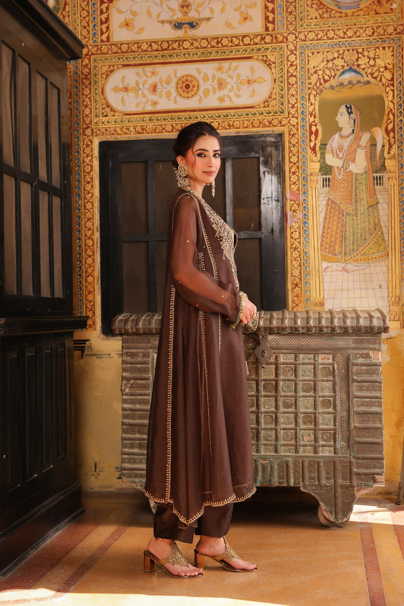 Ahista Brown Pakhi Yoke Pheran Long Kurta Set organza kurta/kurta set by Niti Bothra in brown for women in Singapore