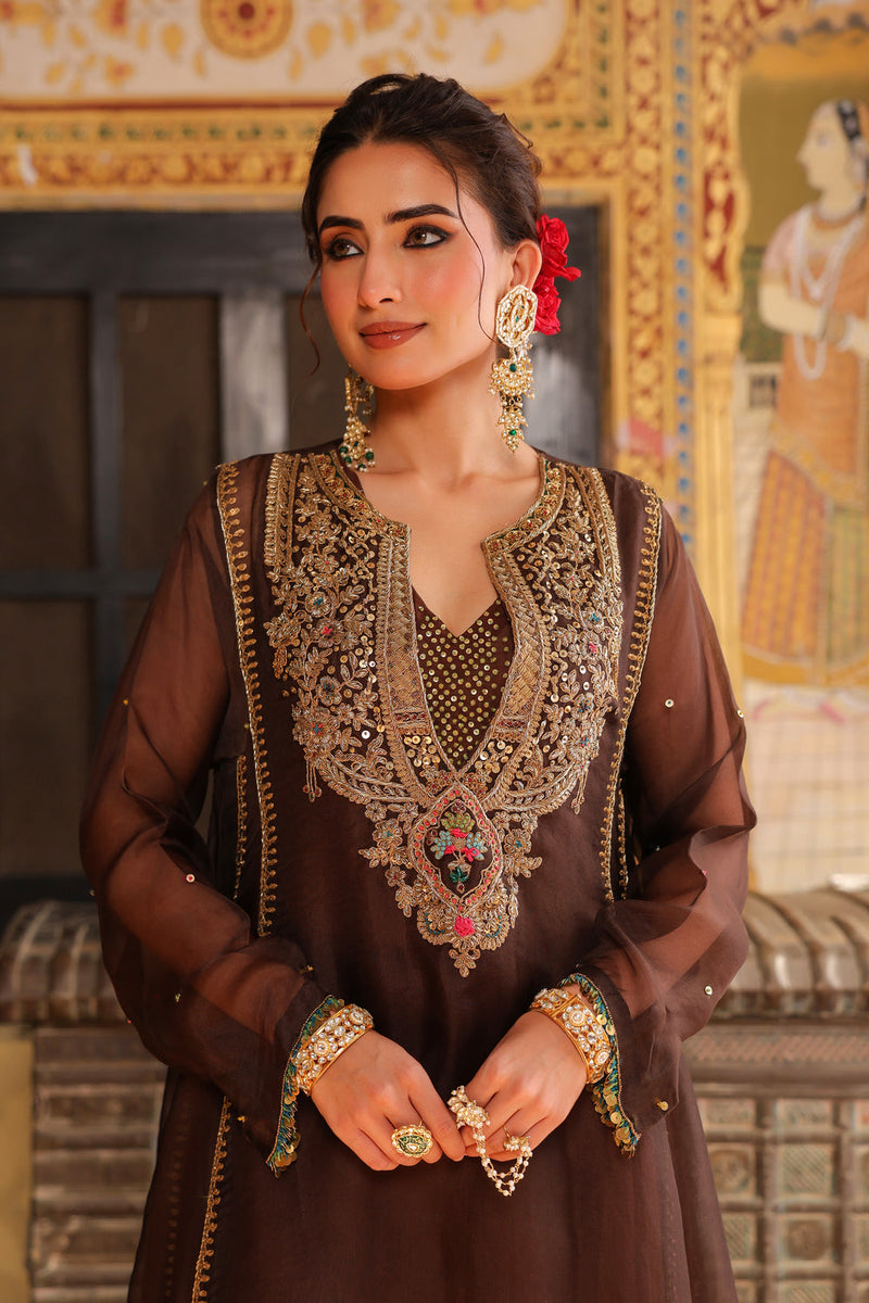 Ahista Brown Pakhi Yoke Pheran Long Kurta Set organza kurta/kurta set by Niti Bothra in brown for women in Singapore
