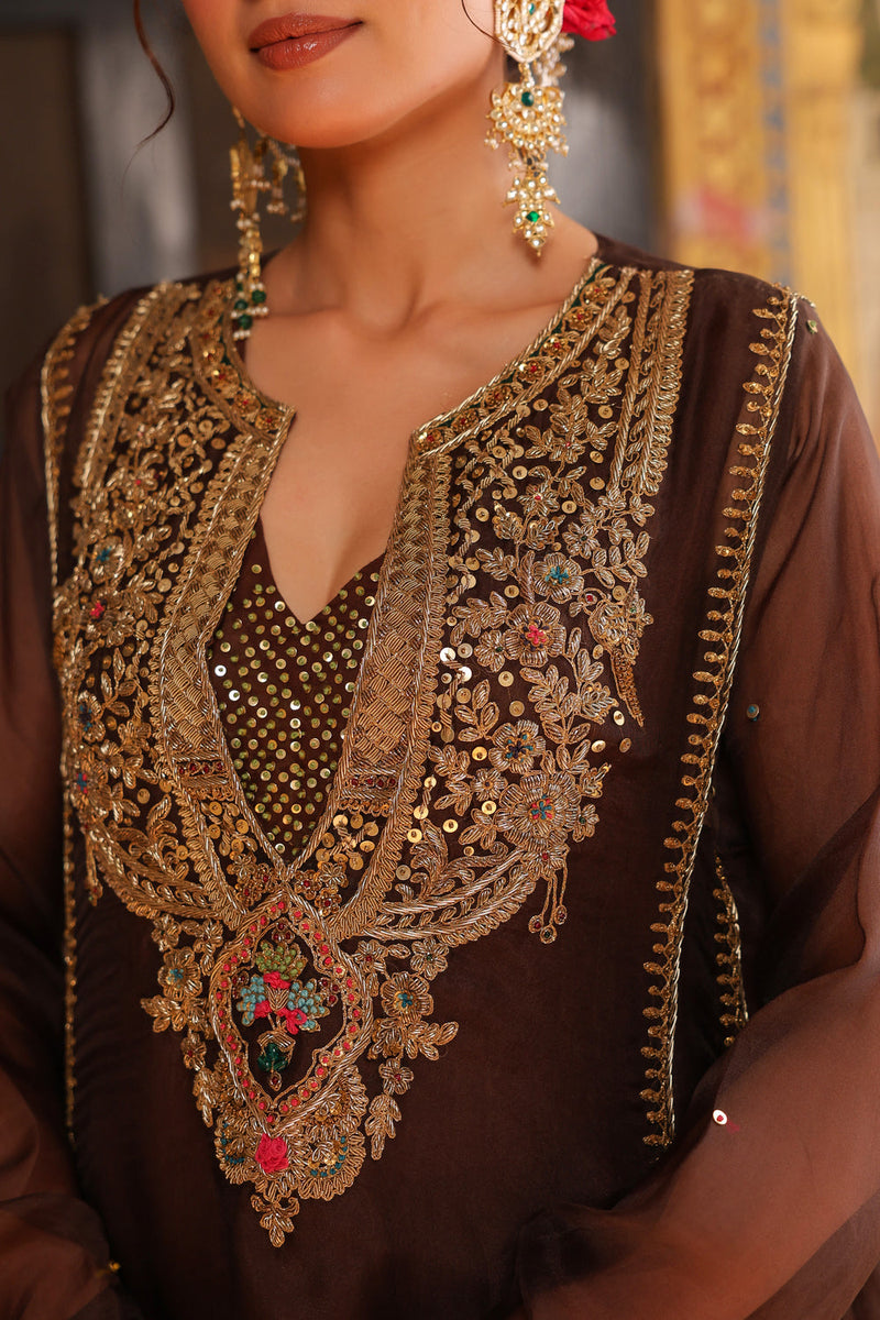 Ahista Brown Pakhi Yoke Pheran Long Kurta Set organza kurta/kurta set by Niti Bothra in brown for women in Singapore