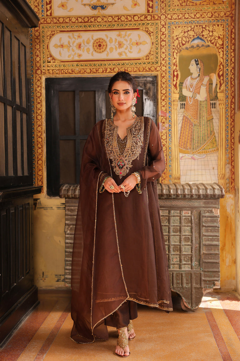 Ahista Brown Pakhi Yoke Pheran Long Kurta Set organza kurta/kurta set by Niti Bothra in brown for women in Singapore