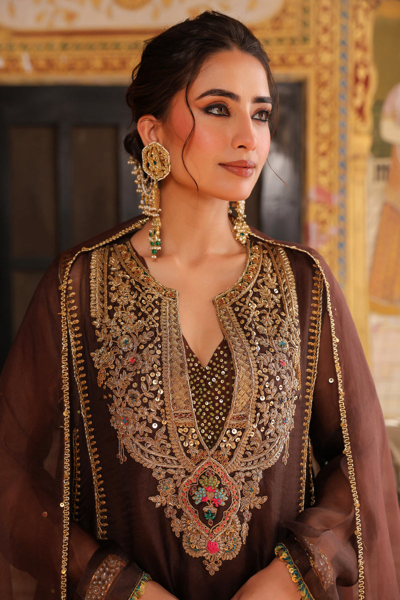 Ahista Brown Pakhi Yoke Pheran Long Kurta Set organza kurta/kurta set by Niti Bothra in brown for women in Singapore