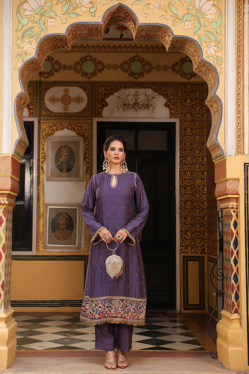 Ahista Purple Printed Mayur Applique Long Kurta Set silk tencel kurta/kurta set by Niti Bothra in purple for women in Singapore
