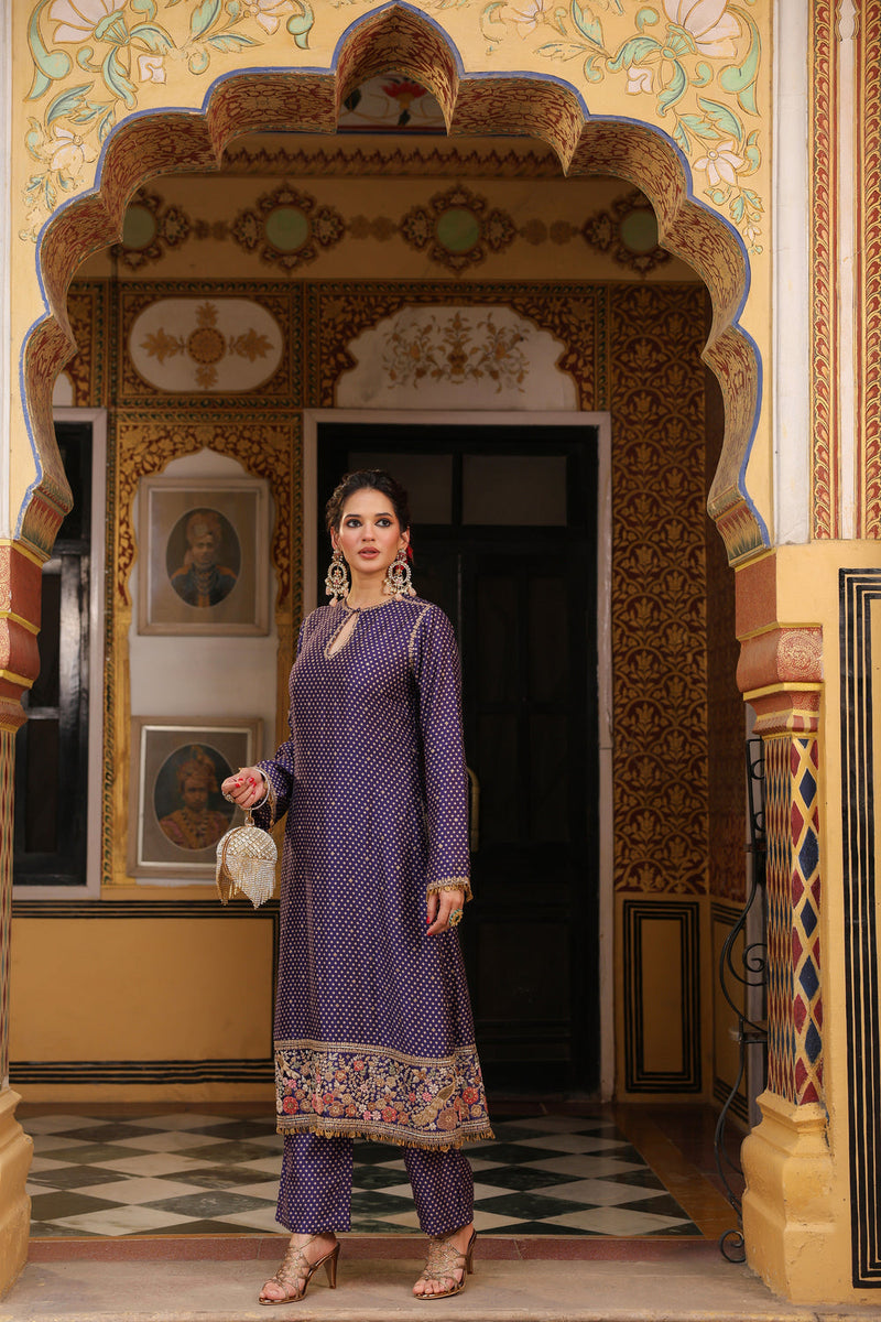 Ahista Purple Printed Mayur Applique Long Kurta Set silk tencel kurta/kurta set by Niti Bothra in purple for women in Singapore